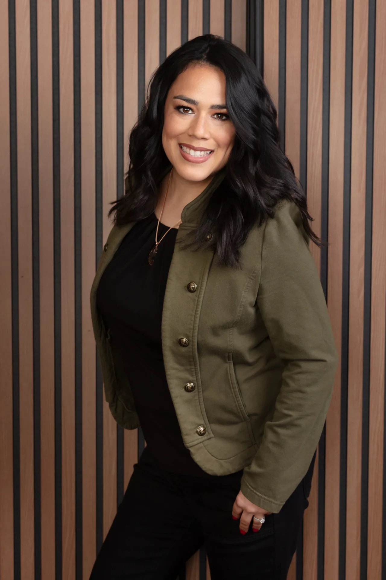 Studio headshot wood backdrop